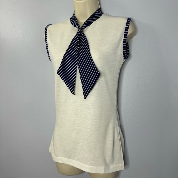 HELEN SUE 70s Vintage Nautical Collar Tie Neck Blouse Sleeveless Deadstock M - Picture 6 of 12